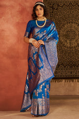 Ethereal Blue Pure Zari Weaving Banarasi Silk Saree With Lassitude Blouse Piece