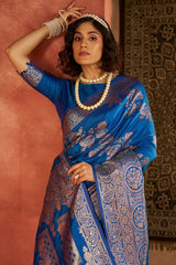 Ethereal Blue Pure Zari Weaving Banarasi Silk Saree With Lassitude Blouse Piece