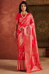 Sizzling Dark Pink Pure Zari Weaving Banarasi Silk Saree With Ailurophile Blouse Piece