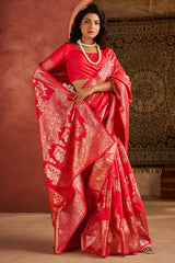 Sizzling Dark Pink Pure Zari Weaving Banarasi Silk Saree With Ailurophile Blouse Piece
