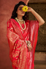 Sizzling Dark Pink Pure Zari Weaving Banarasi Silk Saree With Ailurophile Blouse Piece