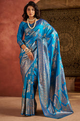 Woebegone Firozi Pure Zari Weaving Banarasi Silk Saree With Seraphic Blouse Piece