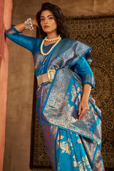Woebegone Firozi Pure Zari Weaving Banarasi Silk Saree With Seraphic Blouse Piece