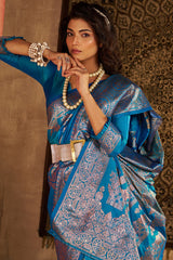 Woebegone Firozi Pure Zari Weaving Banarasi Silk Saree With Seraphic Blouse Piece