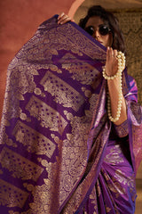 Snazzy Purple Pure Zari Weaving Banarasi Silk Saree With Eloquence Blouse Piece