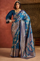 Propinquity Rama Pure Zari Weaving Banarasi Silk Saree With Entrancing Blouse Piece