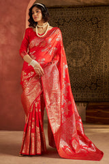 Precious Red Pure Zari Weaving Banarasi Silk Saree With Designer Blouse Piece