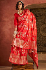 Precious Red Pure Zari Weaving Banarasi Silk Saree With Designer Blouse Piece