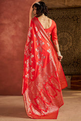Precious Red Pure Zari Weaving Banarasi Silk Saree With Designer Blouse Piece