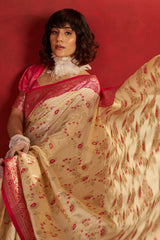 Stunning Beige Pure Zari Weaving Banarasi Silk Saree With Majesty Blouse Piece
