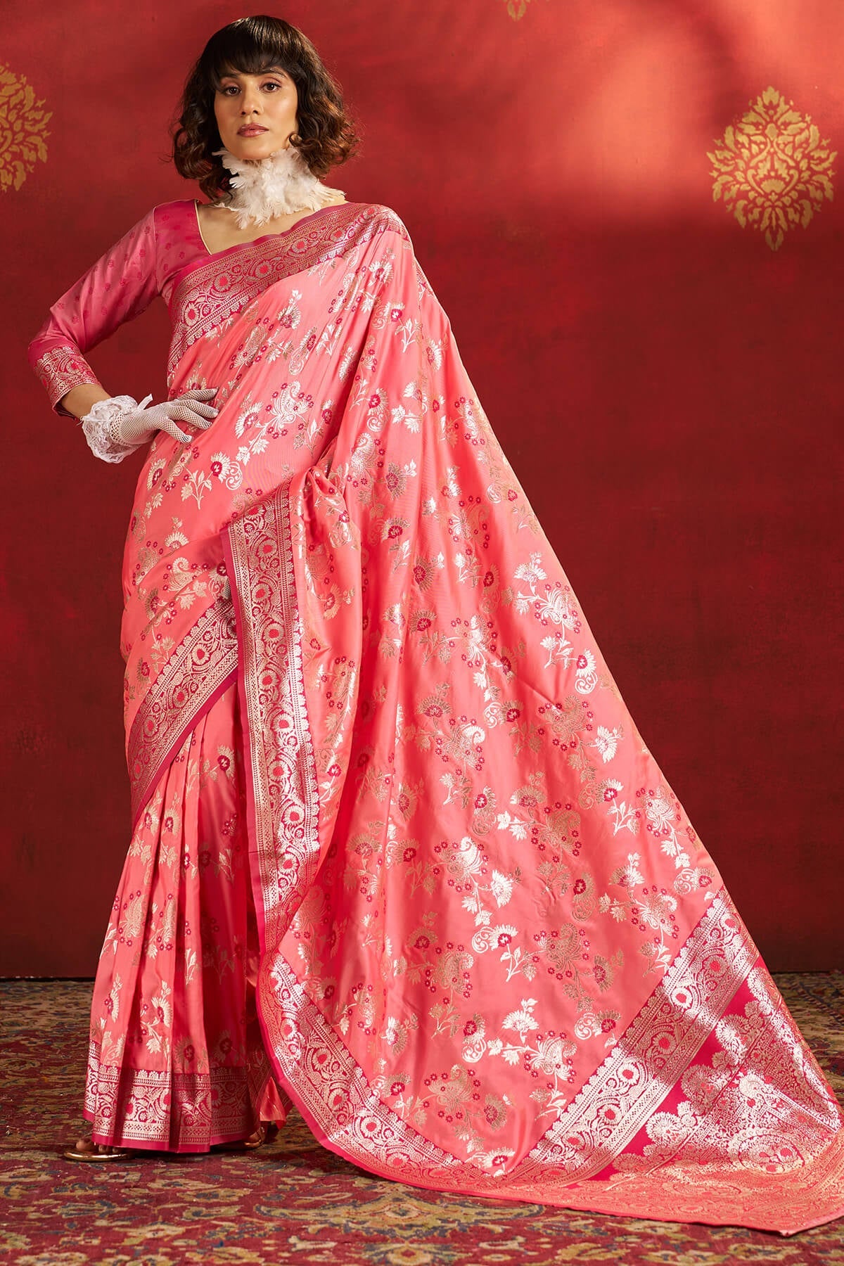 Demesne Pink Pure Zari Weaving Banarasi Silk Saree With Confounding Blouse Piece