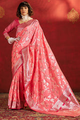Demesne Pink Pure Zari Weaving Banarasi Silk Saree With Confounding Blouse Piece