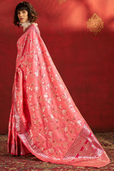 Demesne Pink Pure Zari Weaving Banarasi Silk Saree With Confounding Blouse Piece