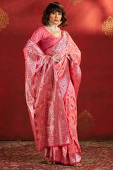 Demesne Pink Pure Zari Weaving Banarasi Silk Saree With Confounding Blouse Piece