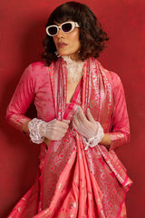 Demesne Pink Pure Zari Weaving Banarasi Silk Saree With Confounding Blouse Piece