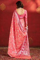 Demesne Pink Pure Zari Weaving Banarasi Silk Saree With Confounding Blouse Piece