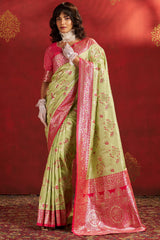 Vestigial Pista Pure Zari Weaving Banarasi Silk Saree With Beauteous Blouse Piece