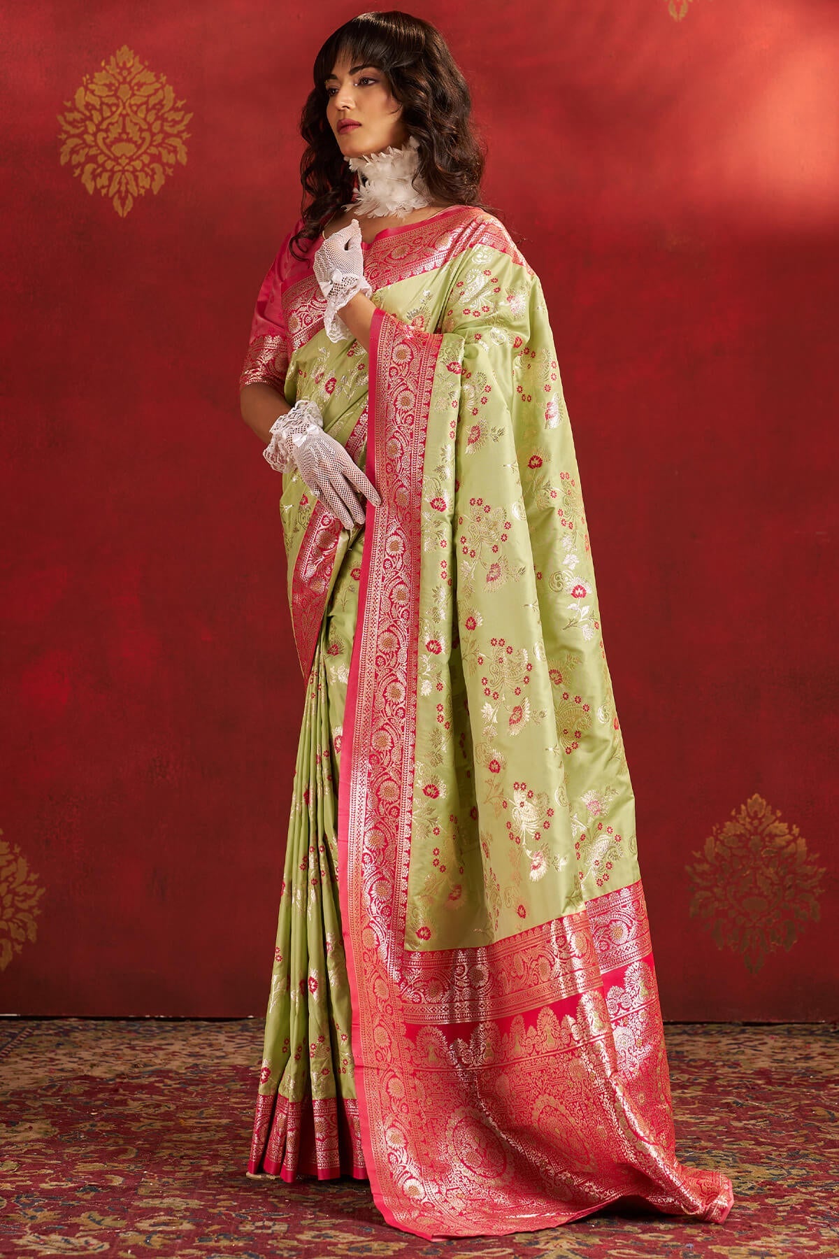 Vestigial Pista Pure Zari Weaving Banarasi Silk Saree With Beauteous Blouse Piece