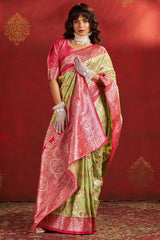 Vestigial Pista Pure Zari Weaving Banarasi Silk Saree With Beauteous Blouse Piece