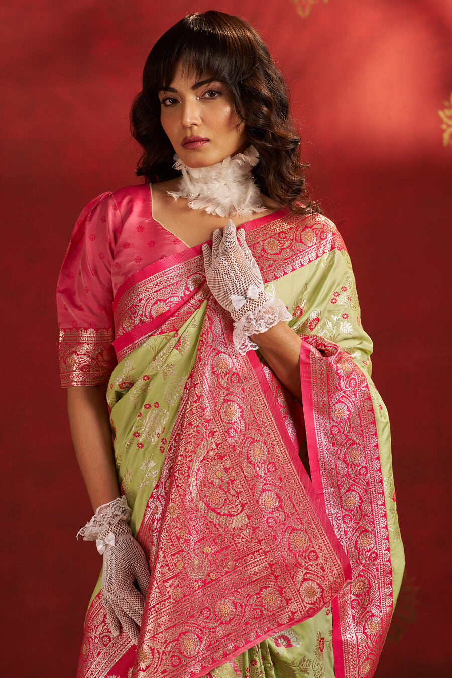 Vestigial Pista Pure Zari Weaving Banarasi Silk Saree With Beauteous Blouse Piece
