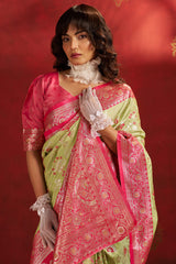 Vestigial Pista Pure Zari Weaving Banarasi Silk Saree With Beauteous Blouse Piece
