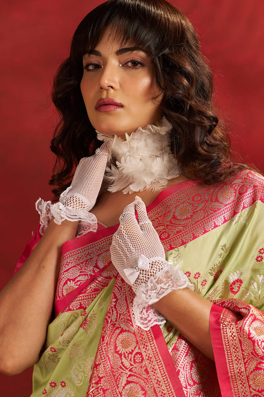 Vestigial Pista Pure Zari Weaving Banarasi Silk Saree With Beauteous Blouse Piece