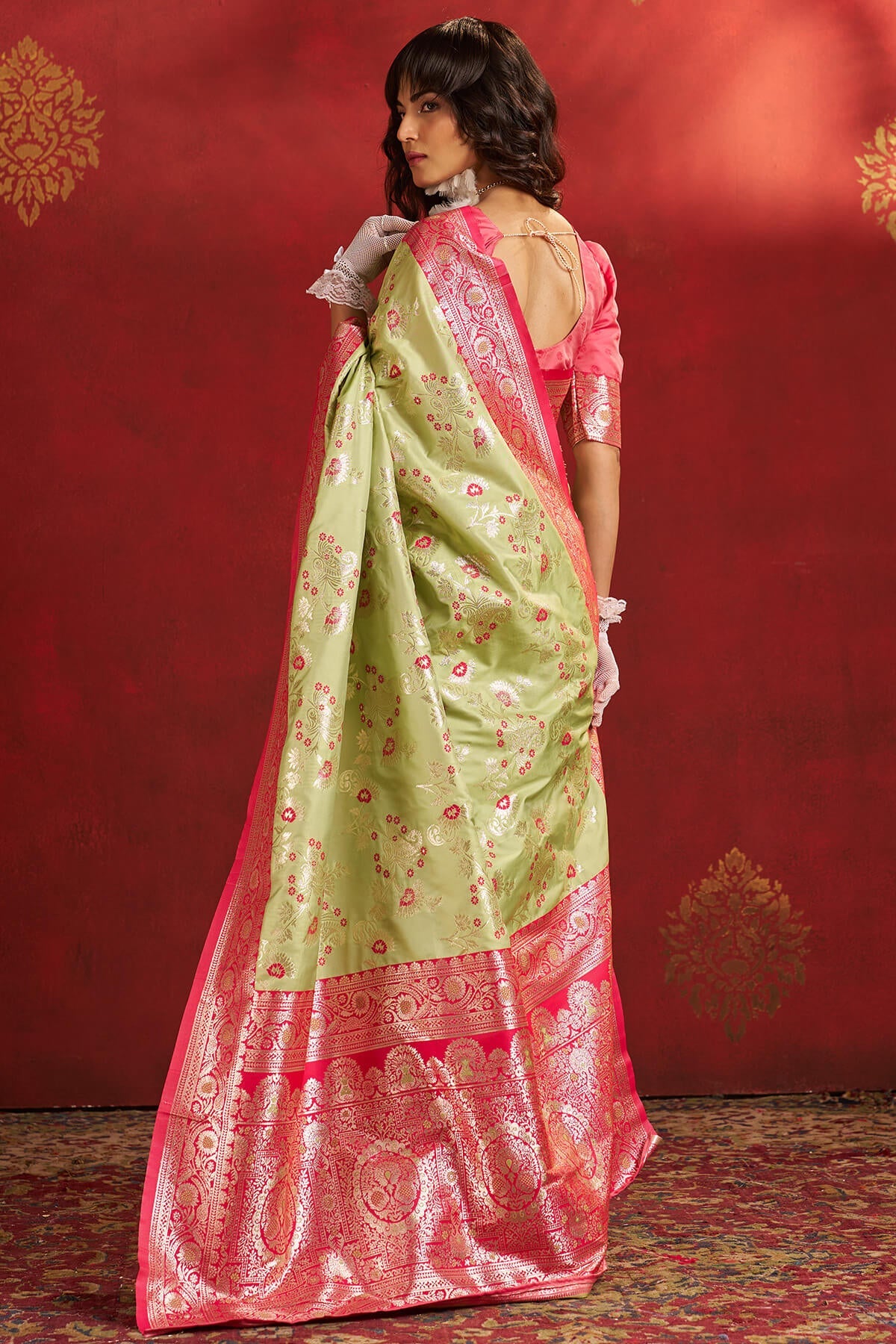 Vestigial Pista Pure Zari Weaving Banarasi Silk Saree With Beauteous Blouse Piece