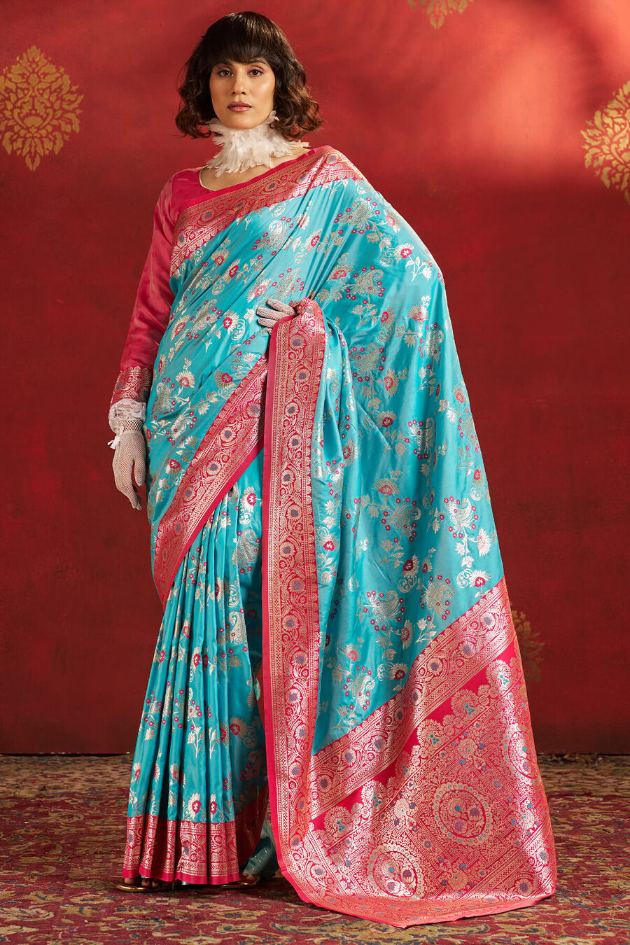Arresting Turquoise Pure Zari Weaving Banarasi Silk Saree With Mesmerising Blouse Piece
