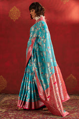 Arresting Turquoise Pure Zari Weaving Banarasi Silk Saree With Mesmerising Blouse Piece