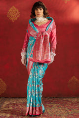 Arresting Turquoise Pure Zari Weaving Banarasi Silk Saree With Mesmerising Blouse Piece