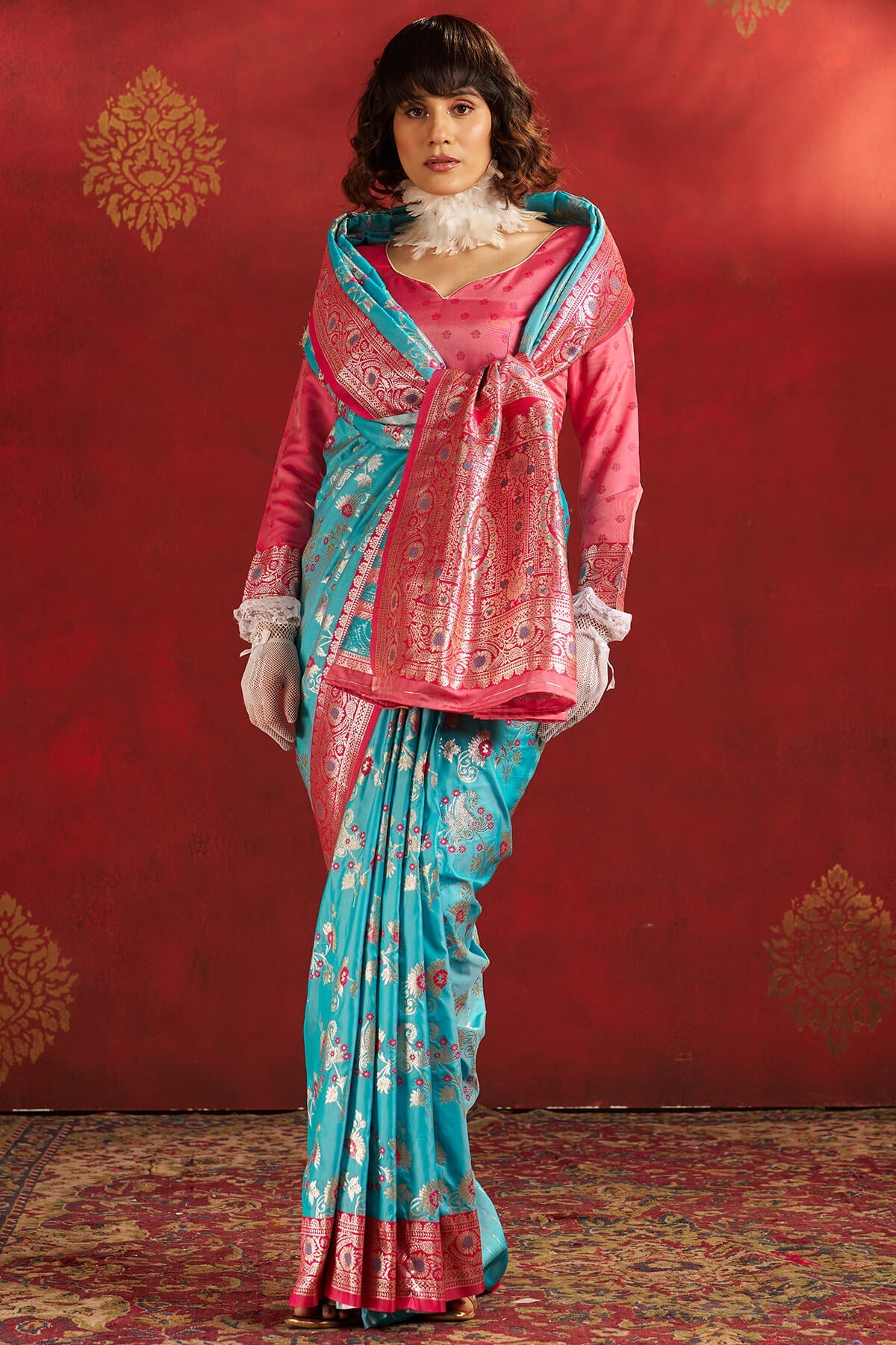 Arresting Turquoise Pure Zari Weaving Banarasi Silk Saree With Mesmerising Blouse Piece