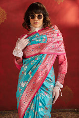 Arresting Turquoise Pure Zari Weaving Banarasi Silk Saree With Mesmerising Blouse Piece