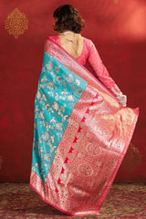 Arresting Turquoise Pure Zari Weaving Banarasi Silk Saree With Mesmerising Blouse Piece