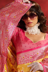Demanding Yellow Pure Zari Weaving Banarasi Silk Saree With Girlish Blouse Piece
