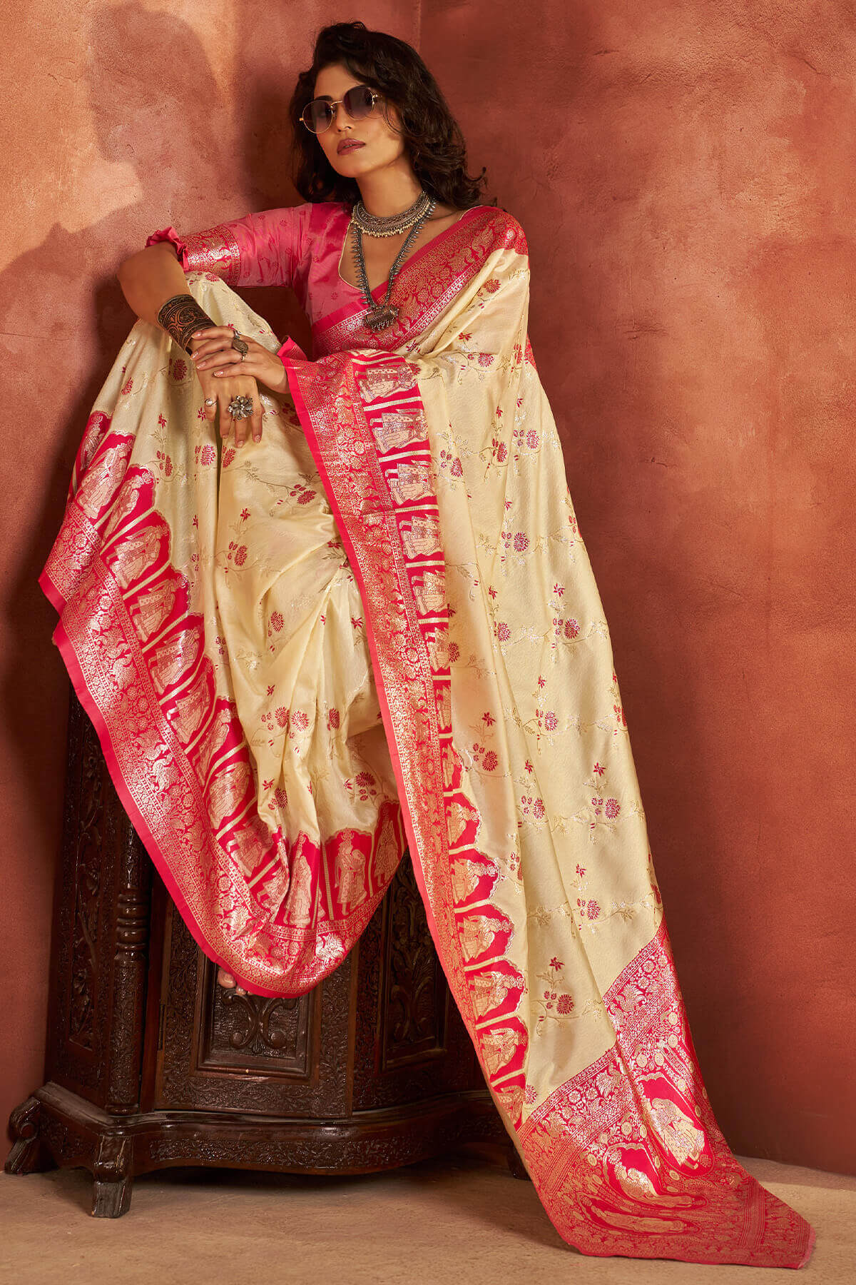 Hypnotic Beige Pure Zari Weaving Banarasi Silk Saree With Mellifluous Blouse Piece