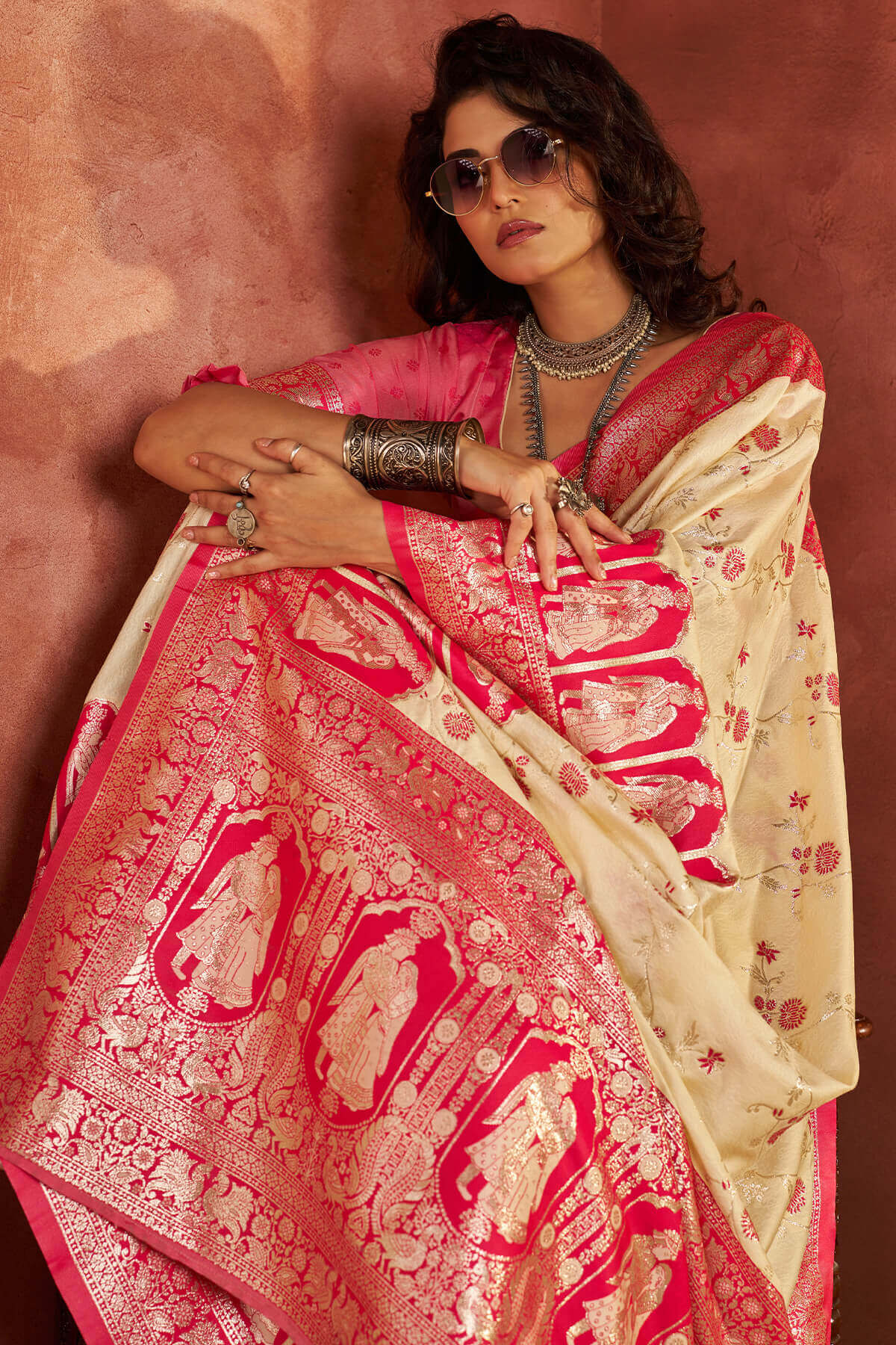 Hypnotic Beige Pure Zari Weaving Banarasi Silk Saree With Mellifluous Blouse Piece
