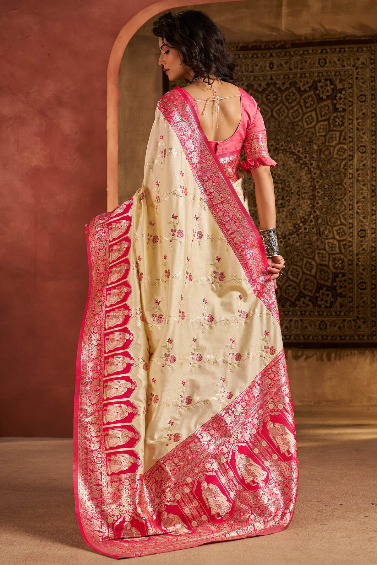 Hypnotic Beige Pure Zari Weaving Banarasi Silk Saree With Mellifluous Blouse Piece