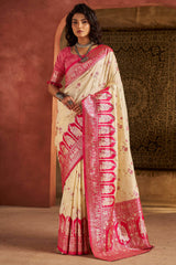 Hypnotic Beige Pure Zari Weaving Banarasi Silk Saree With Mellifluous Blouse Piece