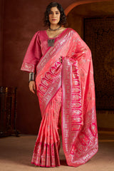 Embrocation Pink Pure Zari Weaving Banarasi Silk Saree With Moiety Blouse Piece