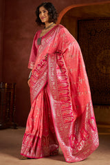 Embrocation Pink Pure Zari Weaving Banarasi Silk Saree With Moiety Blouse Piece