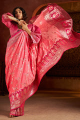 Embrocation Pink Pure Zari Weaving Banarasi Silk Saree With Moiety Blouse Piece
