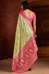Posh Pista Pure Zari Weaving Banarasi Silk Saree With Refreshing Blouse Piece