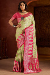 Posh Pista Pure Zari Weaving Banarasi Silk Saree With Refreshing Blouse Piece