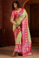Posh Pista Pure Zari Weaving Banarasi Silk Saree With Refreshing Blouse Piece