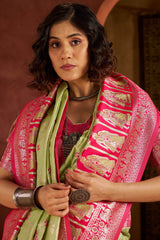 Posh Pista Pure Zari Weaving Banarasi Silk Saree With Refreshing Blouse Piece