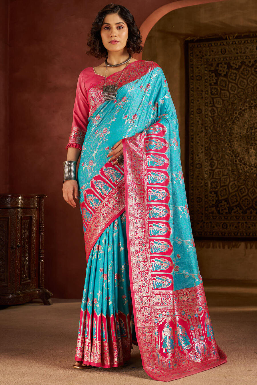 Scrumptious Turquoise Pure Zari Weaving Banarasi Silk Saree With Elegant Blouse Piece