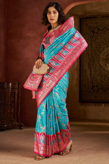 Scrumptious Turquoise Pure Zari Weaving Banarasi Silk Saree With Elegant Blouse Piece