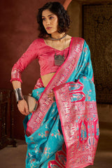 Scrumptious Turquoise Pure Zari Weaving Banarasi Silk Saree With Elegant Blouse Piece