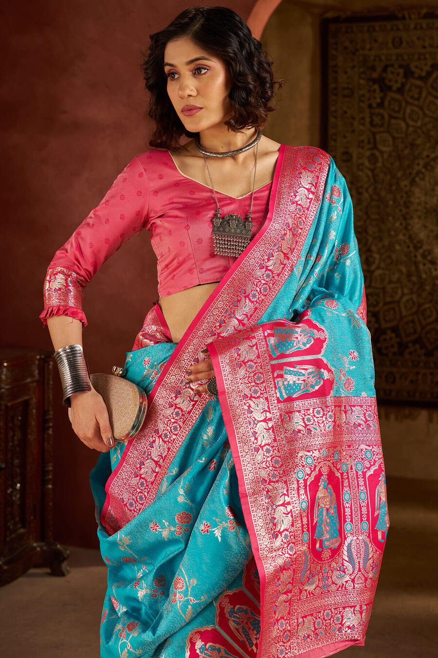 Scrumptious Turquoise Pure Zari Weaving Banarasi Silk Saree With Elegant Blouse Piece