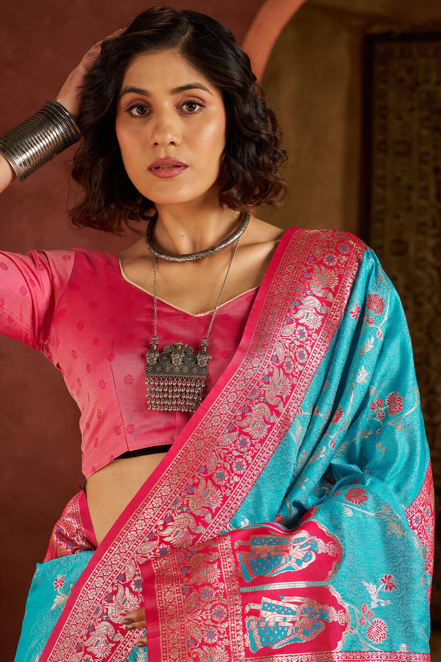 Scrumptious Turquoise Pure Zari Weaving Banarasi Silk Saree With Elegant Blouse Piece